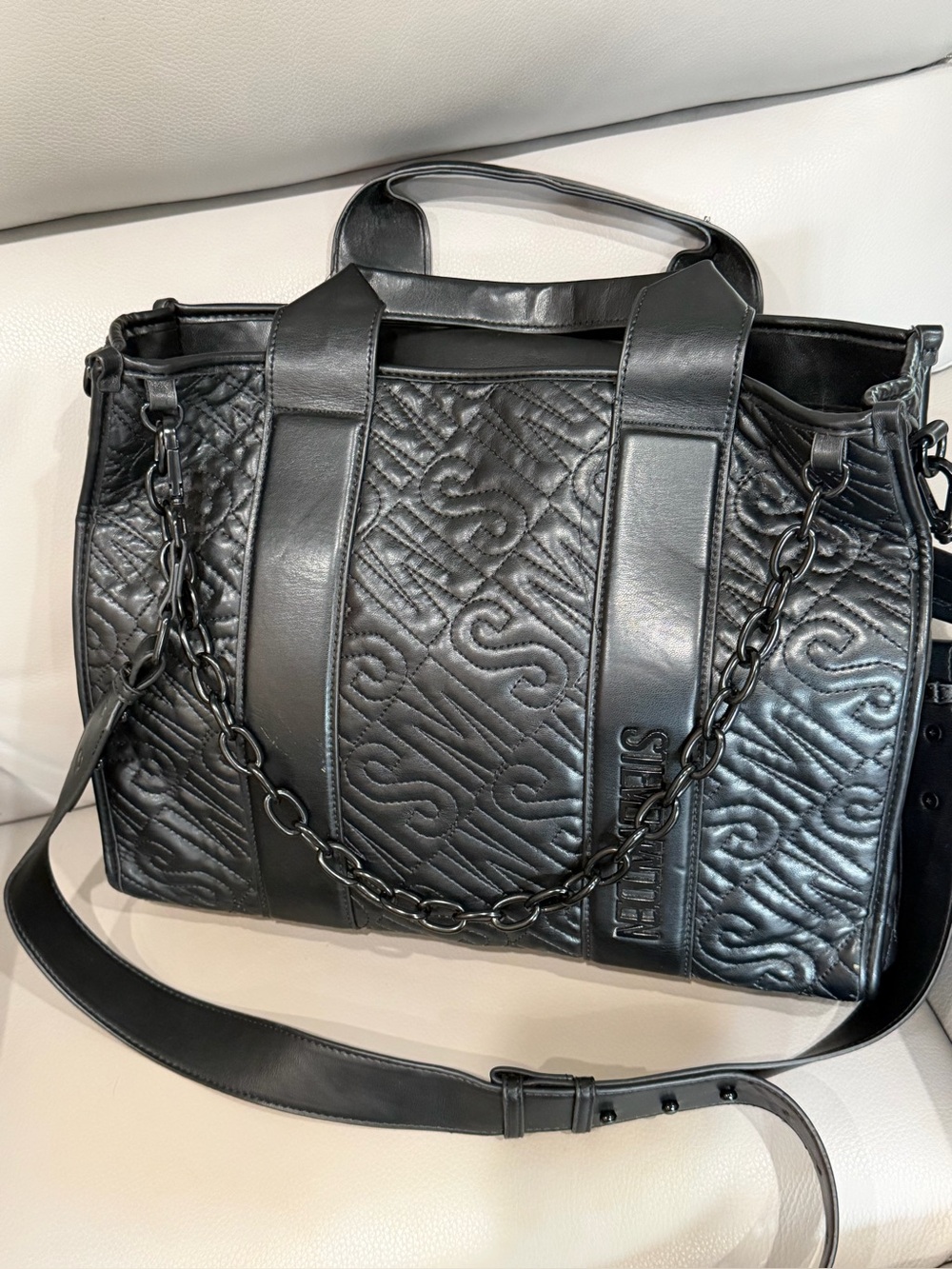 Black Quilted Embossed Logo Tote Bag